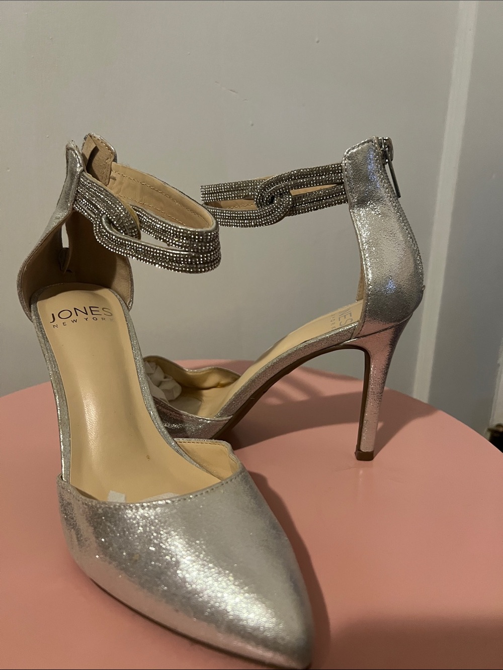 Jones New York Metallic Silver Pointed-Toe Ankle-Strap Heels